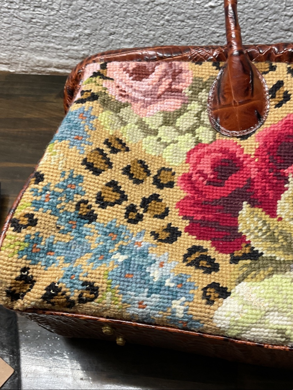 Clever Carriage Company Needlepoint Large Satchel Cheetah Roses Handbag Purse - Picture 8 of 14